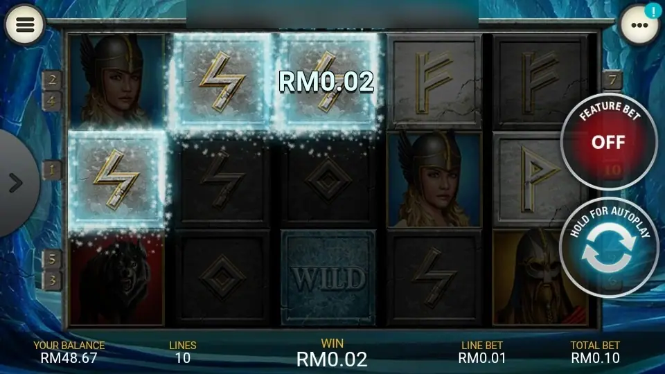 Three frosted lightning-bolt runes paying RM0.02 on Ice Cave, with the frozen Ice Wild still on reel 3 and WIN RM0.02 in the bottom bar