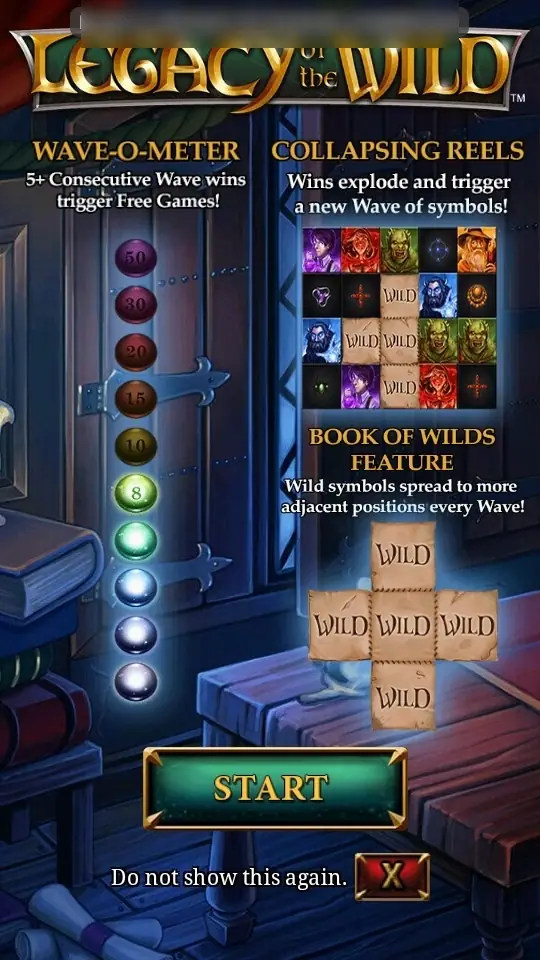 Legacy of the Wild intro screen on LPE88 explaining the WAVE-O-METER, COLLAPSING REELS and BOOK OF WILDS FEATURE, with a green START button