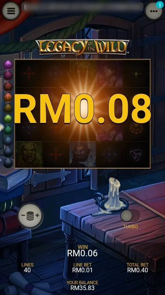 RM0.08 flashing over the Legacy of the Wild grid after a Wave win, while the bottom WIN box still reads RM0.06, at RM0.40 total bet