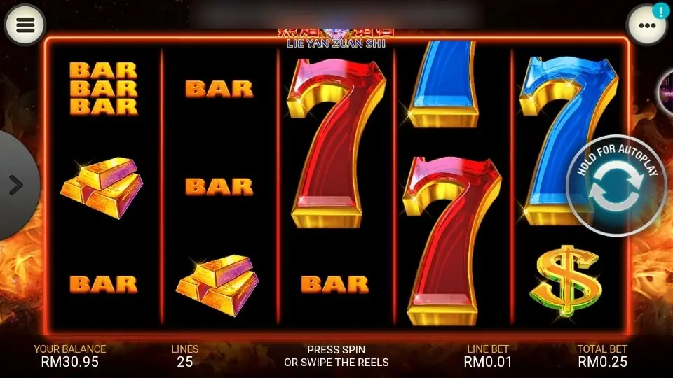 Lie Yan Zuan Shi on LPE88: black reels in a glowing red flame frame with BAR stacks, red and blue 7s, gold bars and a dollar sign, 25 lines at RM0.25