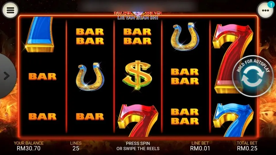 Lie Yan Zuan Shi reels at rest with BAR BAR stacks, gold horseshoes, a dollar sign and red and blue 7s