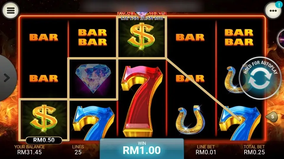Line 5 win on Lie Yan Zuan Shi: dollar sign on reel 1, violet diamond on reel 2 and dollar sign on reel 3 boxed, RM0.50 label and WIN RM1.00