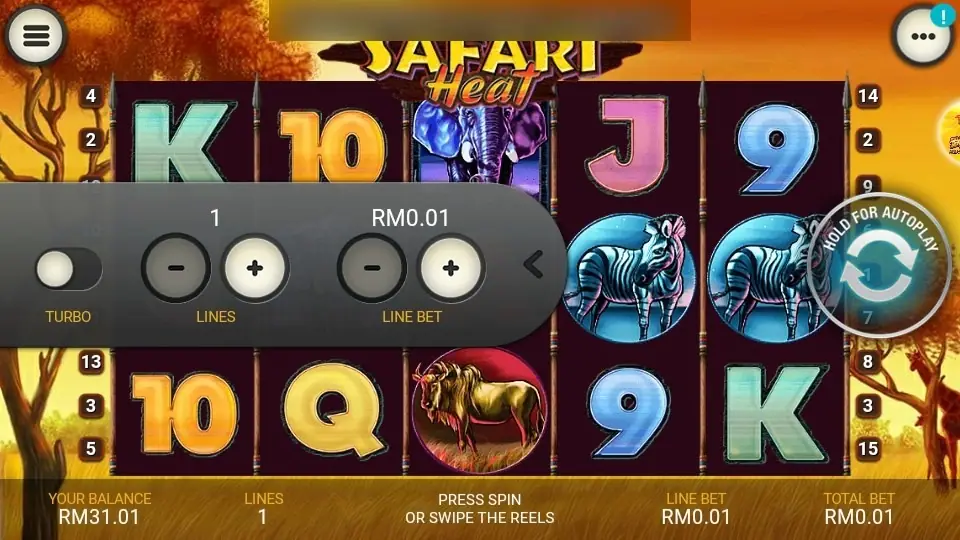 Safari Heat bet panel open on LPE88 with the TURBO switch, LINES 1 and LINE BET RM0.01, each with minus and plus buttons