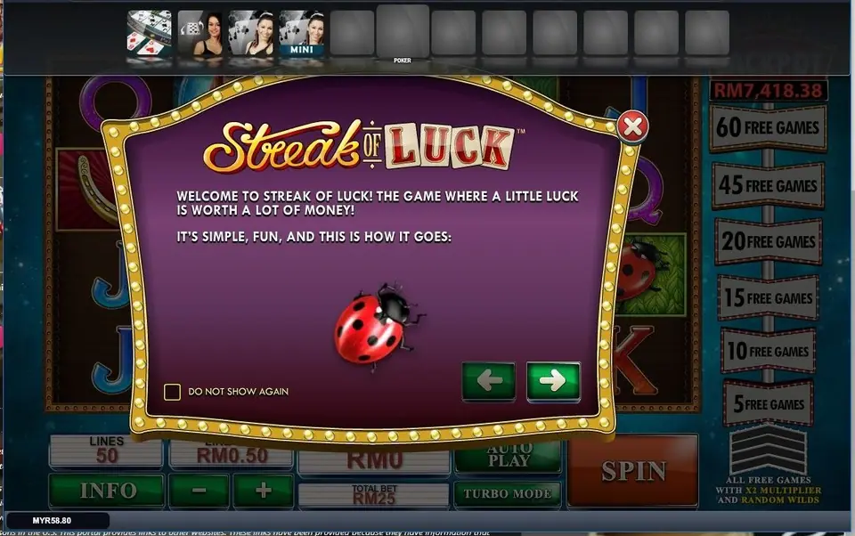 Streak of Luck welcome pop-up on LPE88: purple marquee-lit box with a ladybird, arrow buttons and a DO NOT SHOW AGAIN tick box