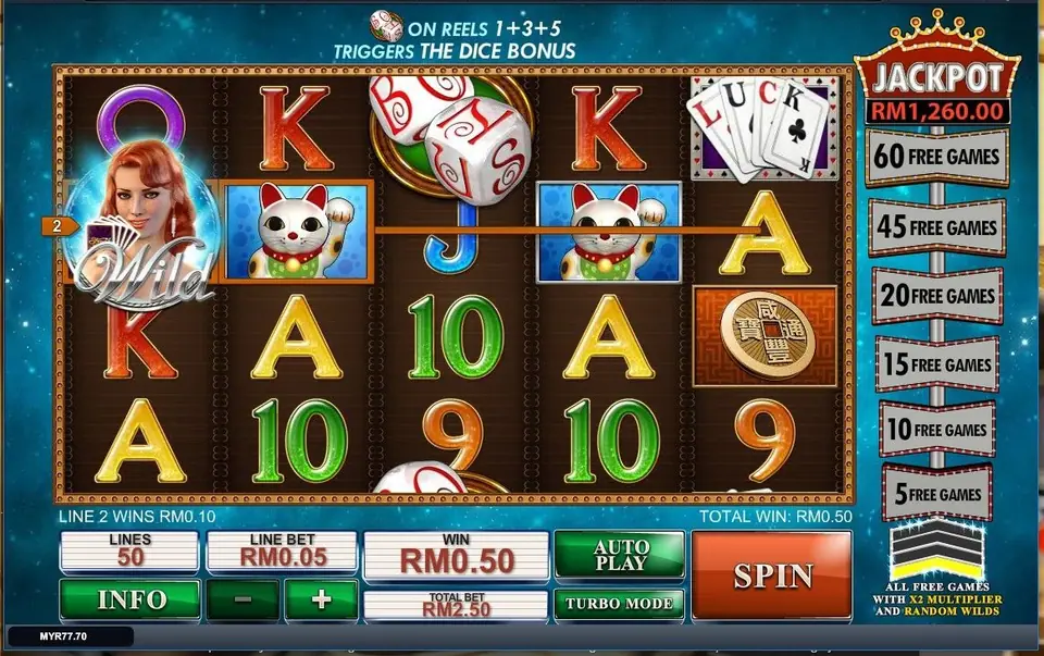 Streak of Luck with the message ON REELS 1+3+5 TRIGGERS THE DICE BONUS above the reels, a Wild on reel 1 and two lucky cats paying RM0.10 on line 2