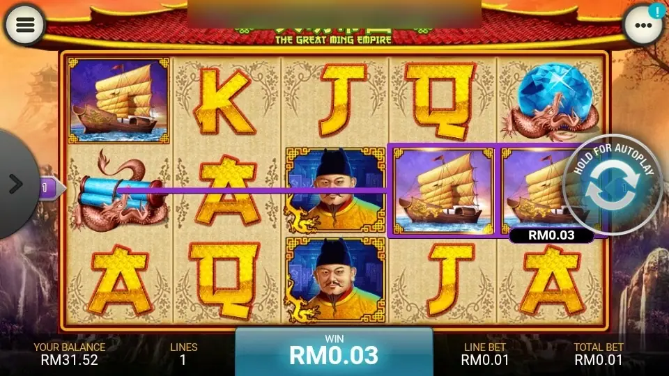 Line 1 win on The Great Ming Empire: purple line across the middle row with two junk ships boxed on reels 4 and 5, RM0.03 label and WIN RM0.03