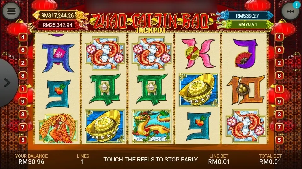Zhao Cai Jin Bao Jackpot with the ZHAO CAI JIN BAO logo, koi pairs on reels 2, 3 and 5, gold ingots, a dragon and a phoenix on the reels