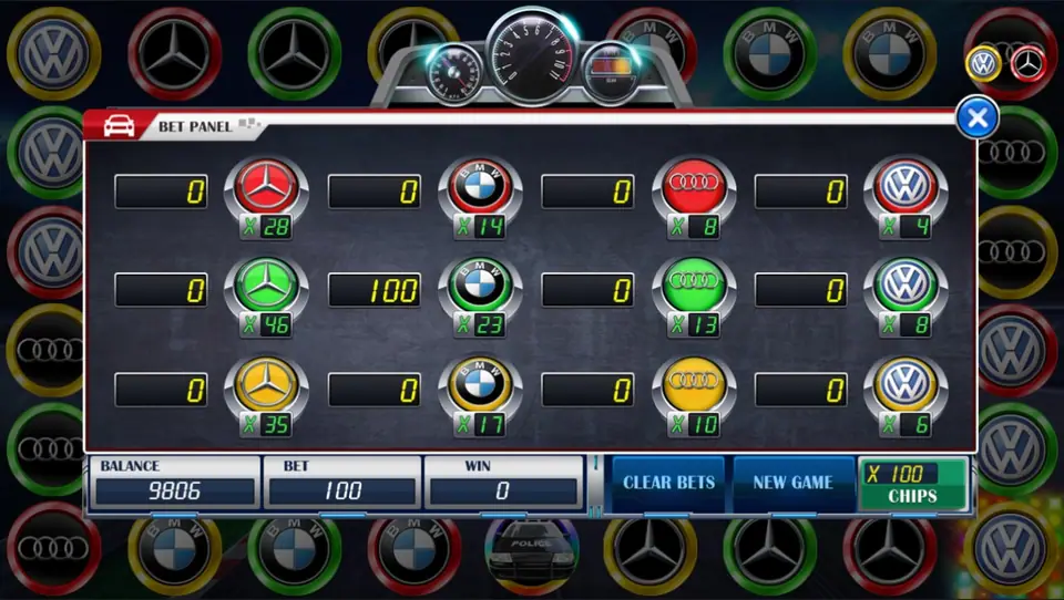 Racing Car bet panel with a 100 chip stake on the green BMW box at x23 and a NEW GAME button