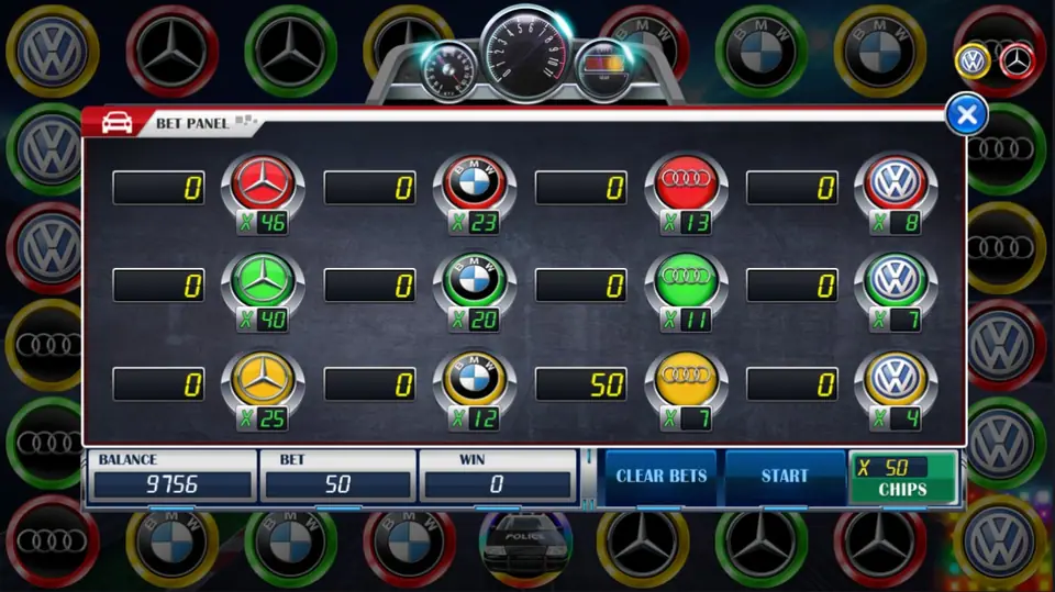 Racing Car bet panel after the odds changed, 50 chips on the yellow Audi box