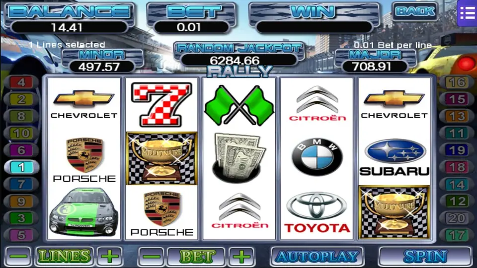 Rally Championship reels with a Porsche badge, green rally car, Millionaire cup and banknotes, one line selected at 0.01