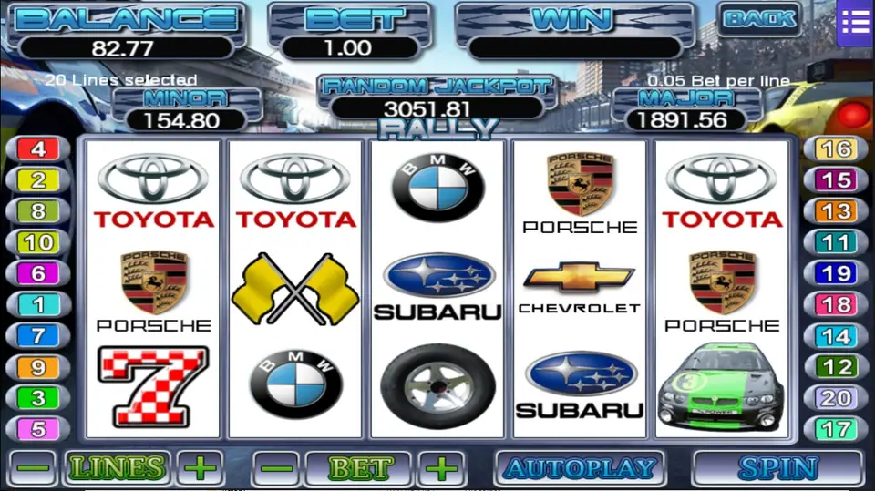 Rally Championship at 20 lines and 0.05 per line, total bet 1.00, all line numbers lit