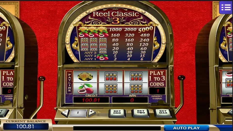 Reel Classic 3 cabinet on Mega888 with the gold paytable glass above three reels of bars, cherries and a gold chip, credit 100.81