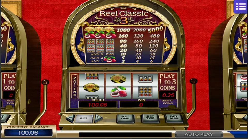 Reel Classic 3 reel window with a gold chip and a cherry on the payline, coin value 0.25 and the BET ONE, BET TWO, BET MAX buttons