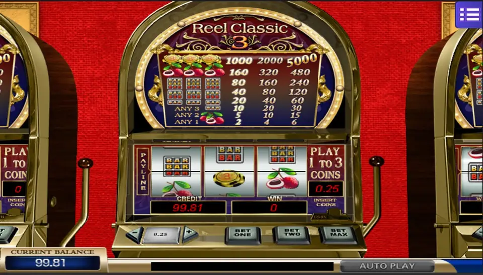 Reel Classic 3 after several one-coin spins, credit down to 99.81 with bars and cherries on the reels