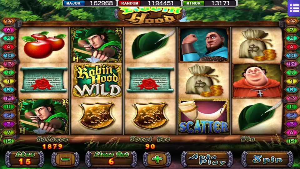 Robin Hood Shifting Riches on Mega888 with Robin Hood, a Robin Hood Wild, a friar, money bags and a horn scatter on five reels, total bet 90