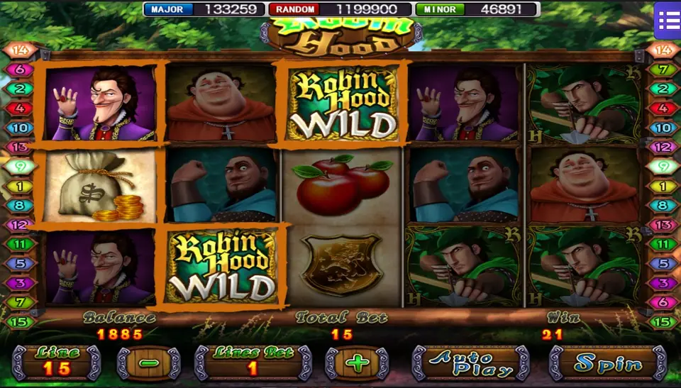 Robin Hood Shifting Riches with a winning line framed in orange, Robin Hood Wild on reels 2 and 3, total bet 15 and win 21