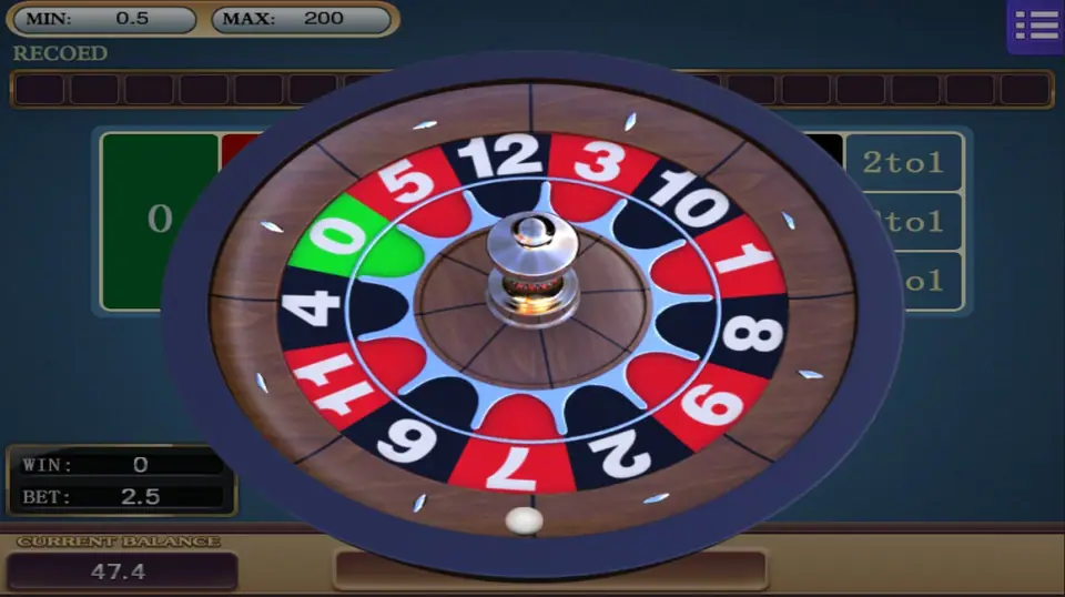 Roulette 12 wheel spinning over the board, 13 pockets with a green zero and a silver centre knob, bet 2.5