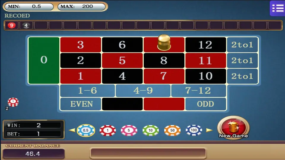 Roulette 12 result with a gold marker on red 9, WIN 2, BET 1 and the New Game button