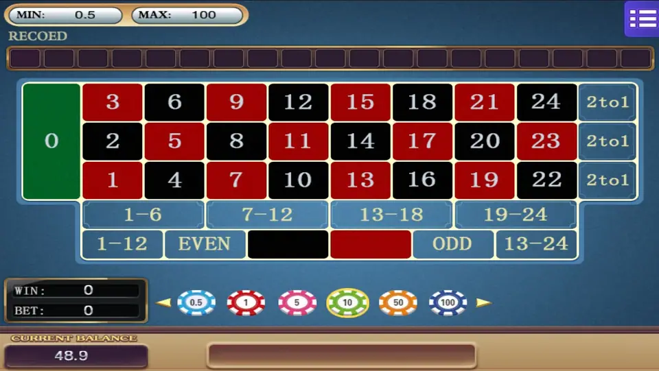 Roulette 24 board on Mega888 with a green 0, numbers 1 to 24 in three rows, 2to1 boxes, 1-6 to 19-24, 1-12, 13-24, even, odd, red and black