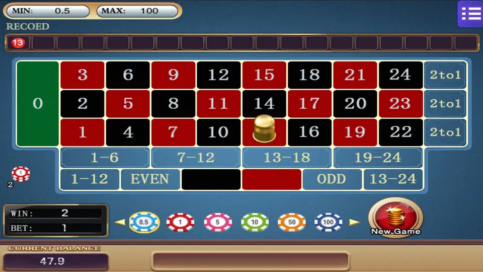 Roulette 24 after the result, gold marker on red 13, WIN 2 and BET 1, with New Game button