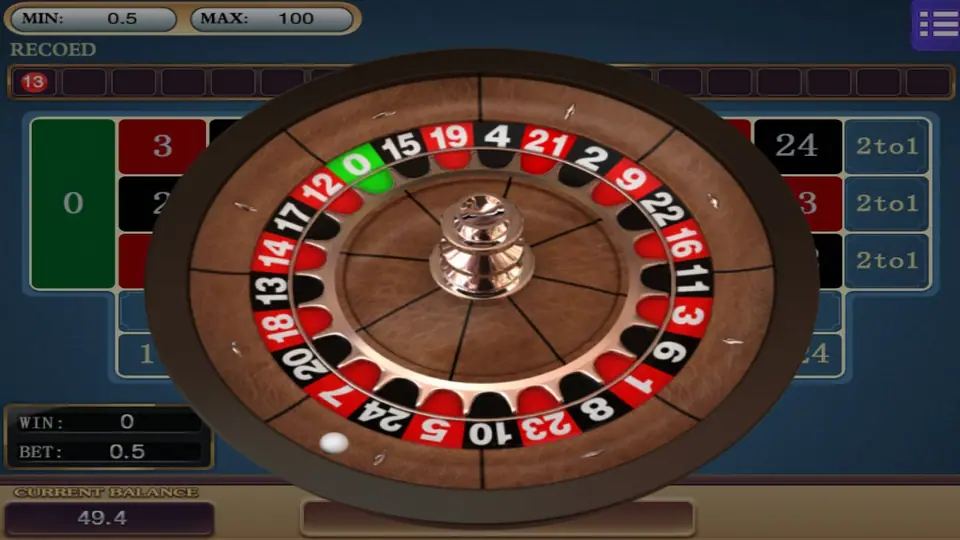 Roulette 24 wooden wheel with a copper turret spinning over the board, 25 pockets and the green zero near the top
