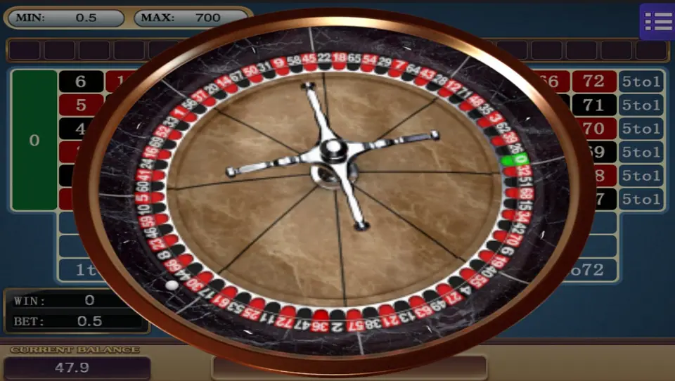 Roulette 73 marble wheel with a silver cross turret and 73 small red and black pockets, bet 0.5