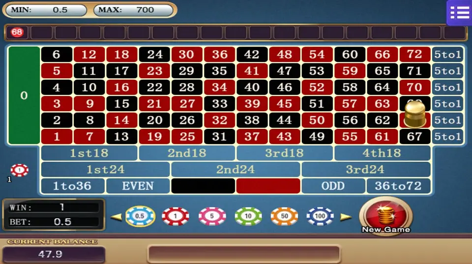Roulette 73 result screen, gold marker on red 68, WIN 1 and BET 0.5, record strip showing 68