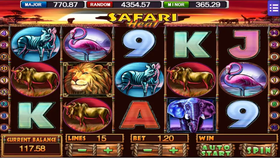 Safari Heat slot on Mega888 with zebra, flamingo, lion, buffalo and elephant symbols on five reels, 15 lines and a bet of 1.20