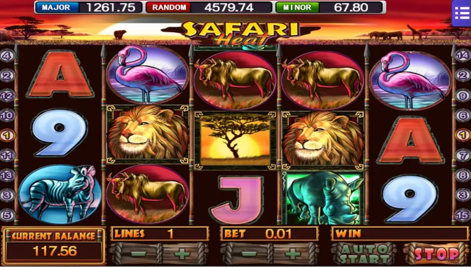 Safari Heat reels with two lions and the acacia sunset tile on the middle row, one line at 0.01