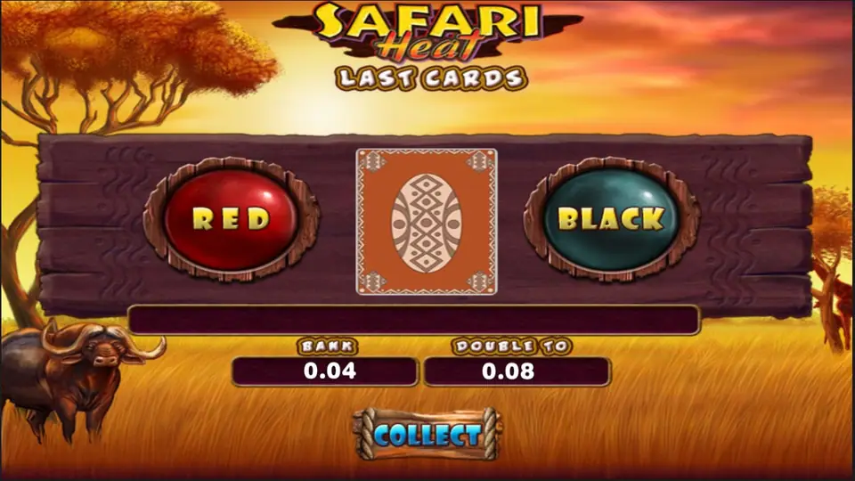 Safari Heat Last Cards gamble screen with RED and BLACK buttons, a face-down card, BANK 0.04 and DOUBLE TO 0.08