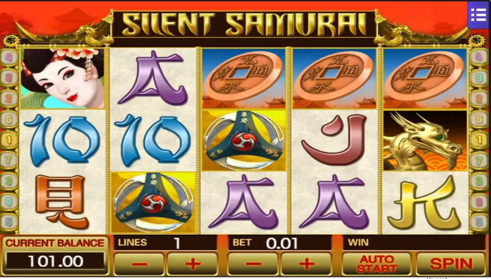 Silent Samurai at one line and 0.01, a geisha on reel 1 and bronze coins on reels 3 to 5