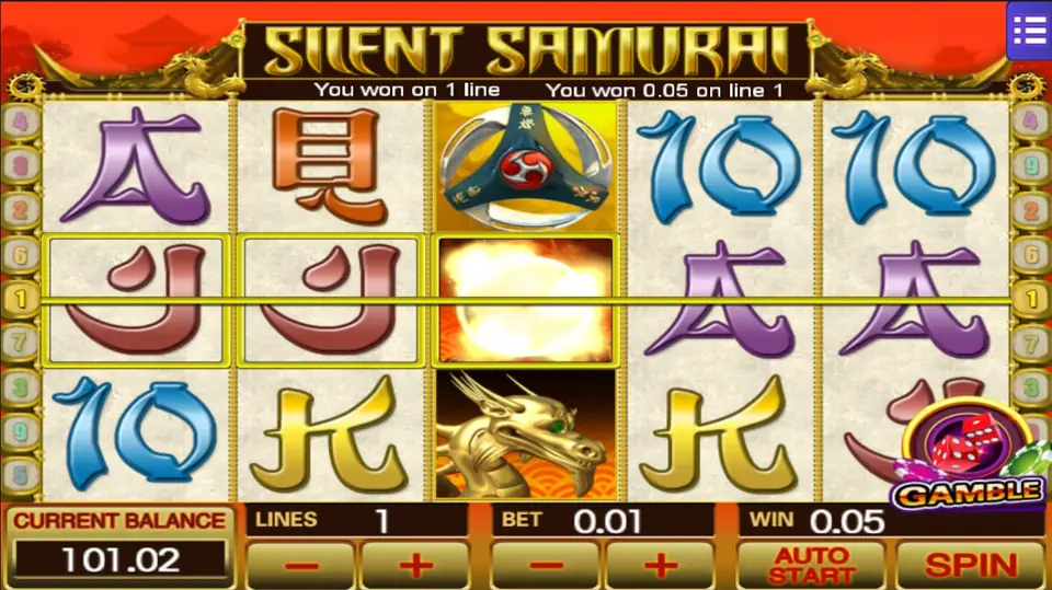 Silent Samurai winning line 1 with two J symbols and an exploding tile, WIN 0.05 and the GAMBLE button