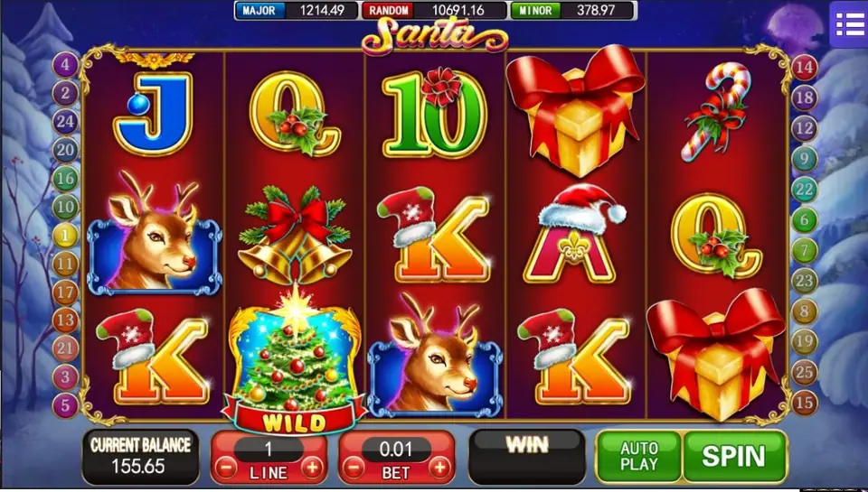 Santa on Mega888 with a Christmas tree WILD on reel 2, a reindeer, a red gift box, bells, a candy cane and decorated card letters