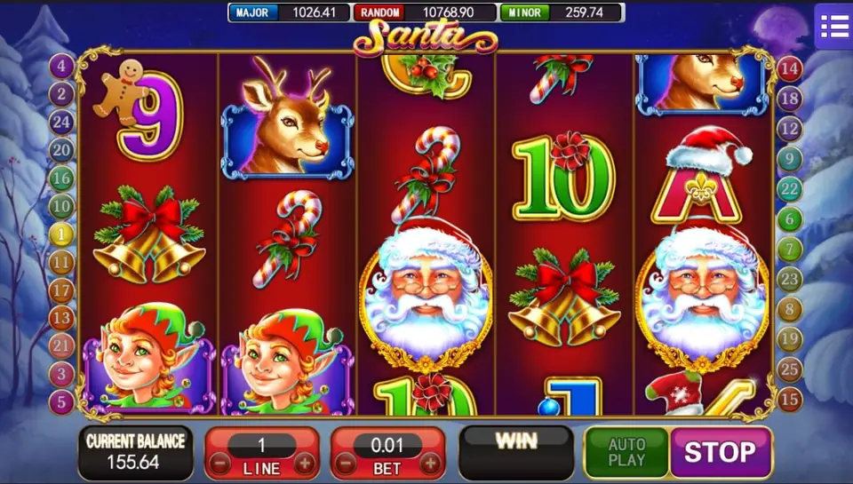 Santa's framed face on reels 3 and 5 with two elves and a reindeer, the reels still turning