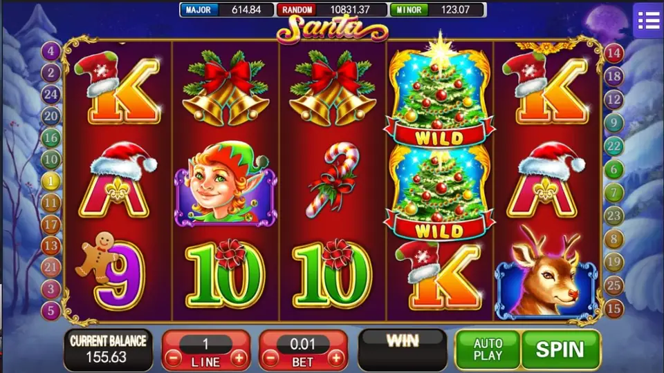 Two Christmas tree WILDs stacked on reel 4 beside bells, an elf and a candy cane