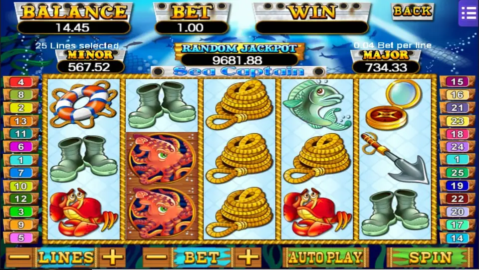 Sea Captain on Mega888 at 25 lines and a 1.00 bet, with octopus, rope coils, boots and a crab on the reels and all line tabs lit