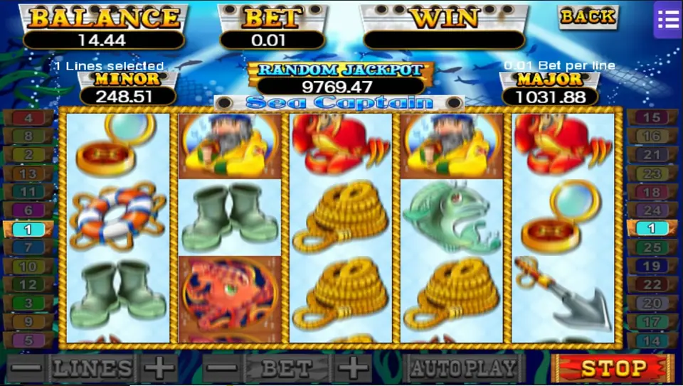 Sea Captain at 1 line and 0.01 while the reels spin, with only the two line-1 tabs lit and STOP in red