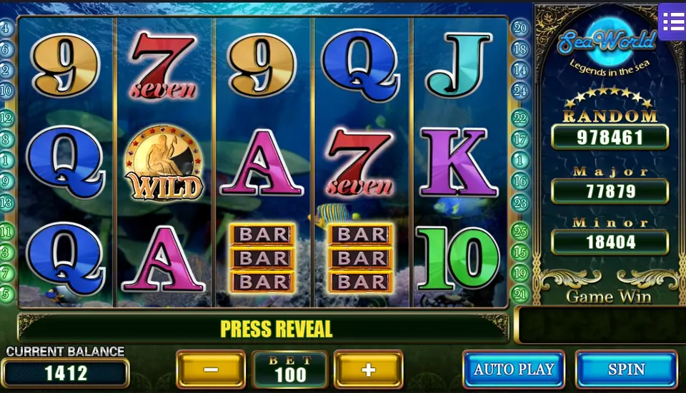 Sea World on Mega888 at bet 100 with a WILD coin on reel 2, sevens, BARs and card letters, PRESS REVEAL in the message bar