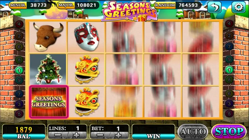 Seasons Greetings mid-spin with a pink-outlined bonus tile on reel 1 and reels 3 to 5 still spinning