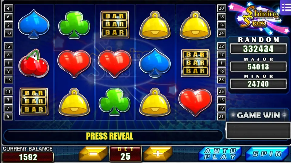 Bells, hearts and a green club at 1592 with PRESS REVEAL in the message bar