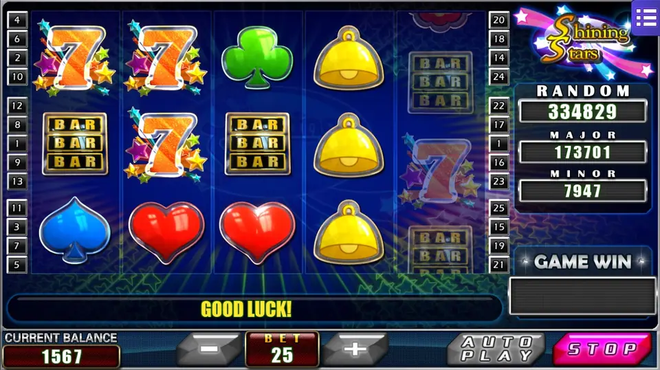 Sevens stacked on reels 1 and 2 and three bells on reel 4, reel 5 still spinning