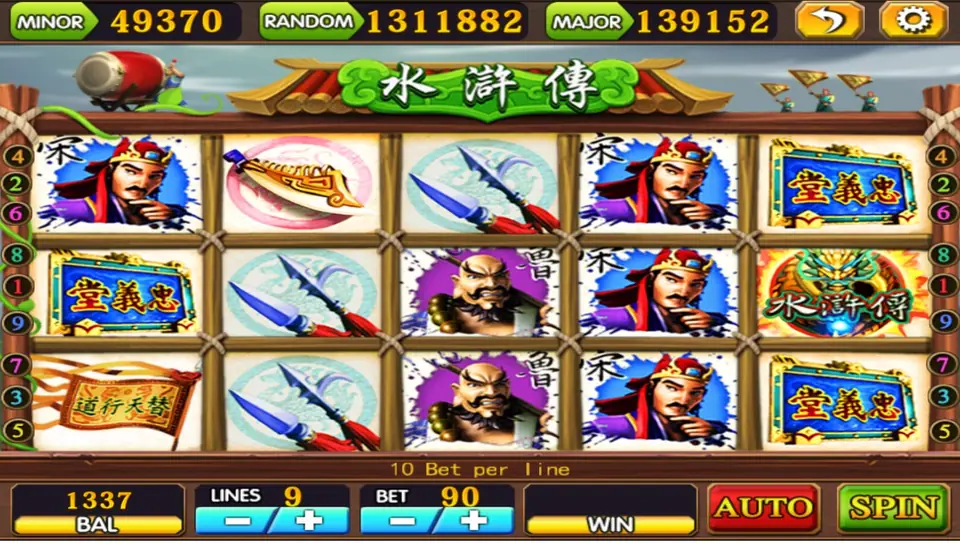 Water Margin on Mega888 with outlaw portraits, a Loyalty Hall plaque, spears and the green 水滸傳 wild on nine-line reels, bet 90