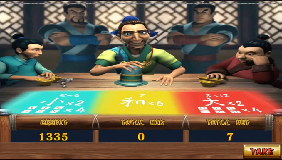 The dice master's table with Small x2, Seven x6 and Big x2 zones, TOTAL BET 7 and a TAKE button