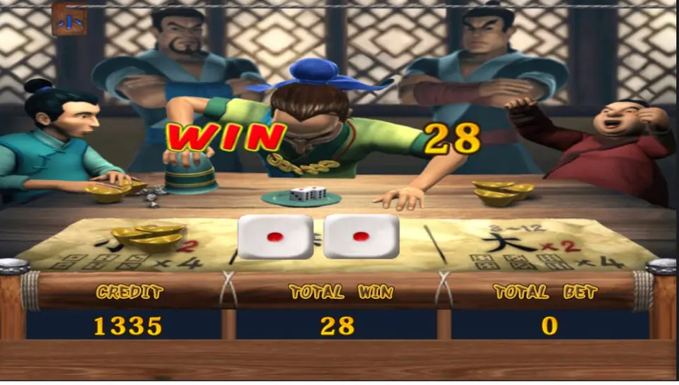 Two dice showing one pip each under a WIN 28 banner