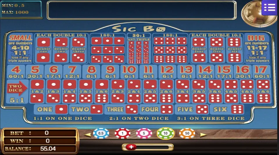 Mega888 Sic Bo table in blue with Small and Big boxes, doubles, triples, totals 4 to 17, two-dice pairs and single numbers, balance 55.04