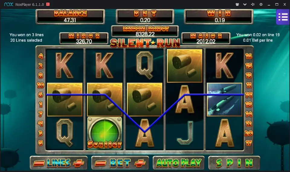 Silent Run slot on Mega888 with depth charge barrels, a torpedo, a green radar Scatter and card letters, a blue winning line drawn across