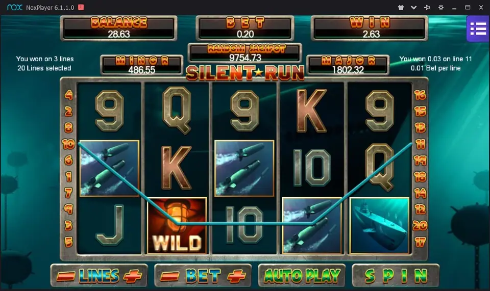 Silent Run winning line drawn in teal from a torpedo through a wild to the submarine, three lines won