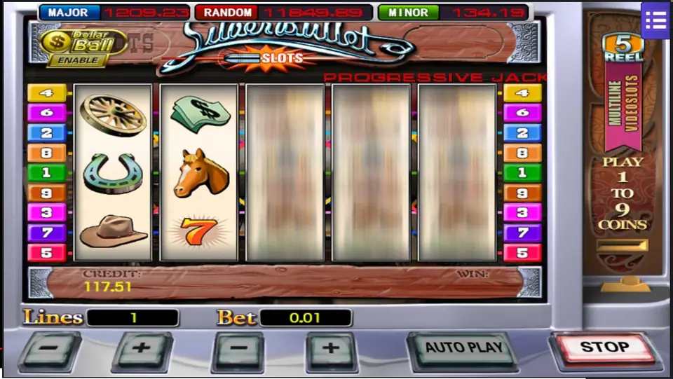 Silver Bullet mid-spin at 1 line and 0.01 with reels 1 and 2 stopped and a red STOP button