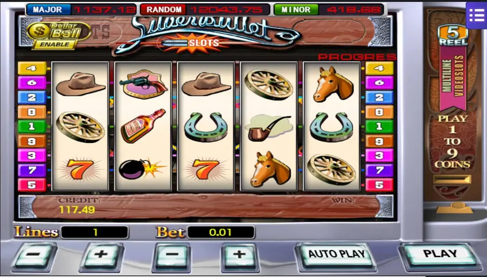 A settled 1-line spin with horseshoes, wheels, a whisky bottle and a bomb, credit 117.49