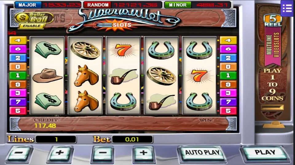 Silver Bullet at 1 line with sevens on reels 3 and 5, credit 117.48